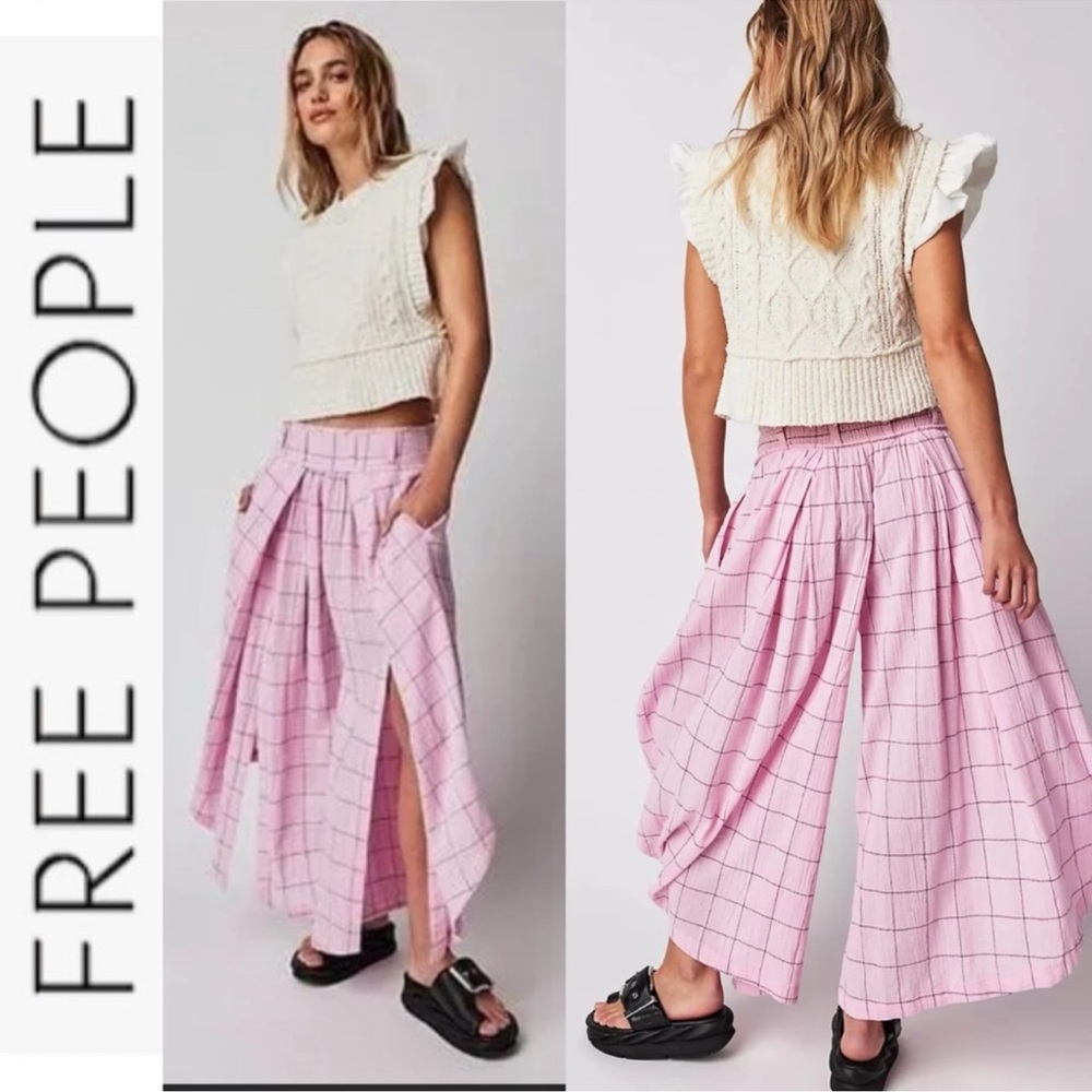 Free People Pink Grid Wide-Leg Pants